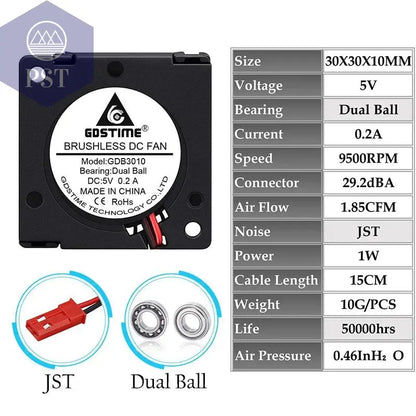 2 Pieces Gdstime DC 5V 12V 24V 30x30x10mm Sleeve Dual Ball 1 inch Small Mini Blower Cooling Fan 30mm x 10mm 3cm 3010 3D Printer       PST PS Tradings