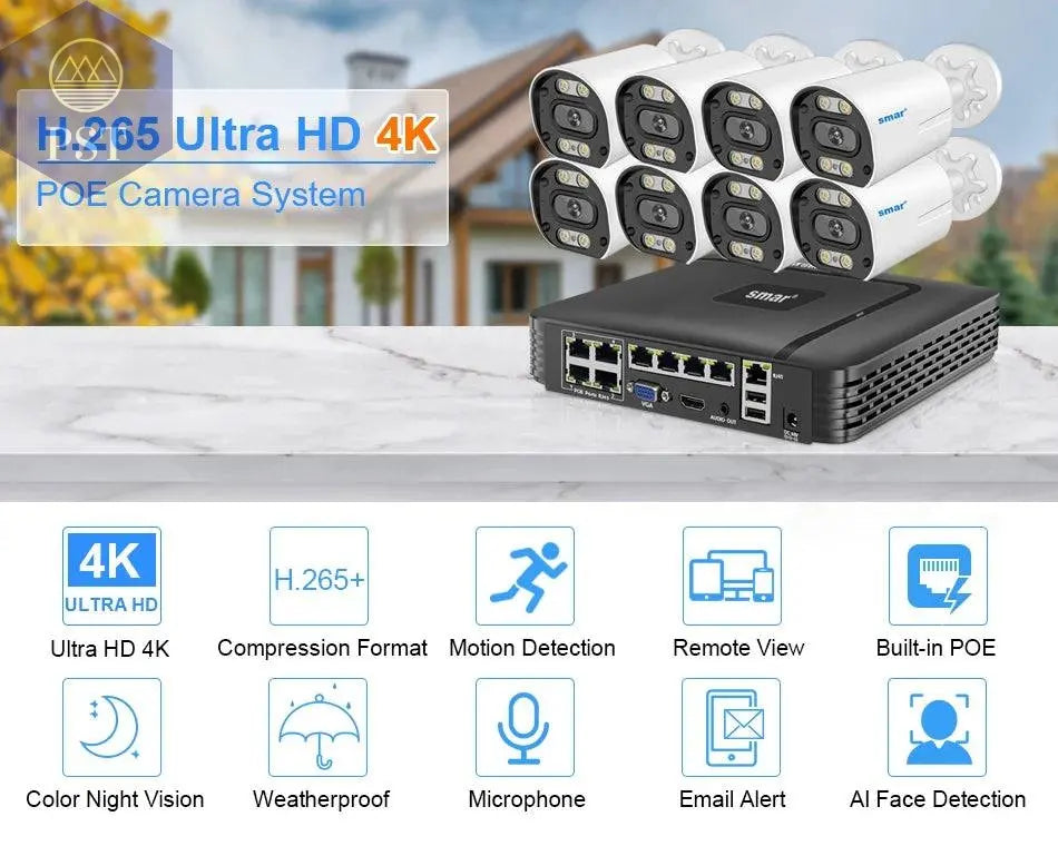 8MP Security Camera System 4K POE NVR Video Surveillance Kit  5MP 4MP Audio Ai Face Detect Color Night Vision IP CCTV Camera Set - Property & Safety Tradings