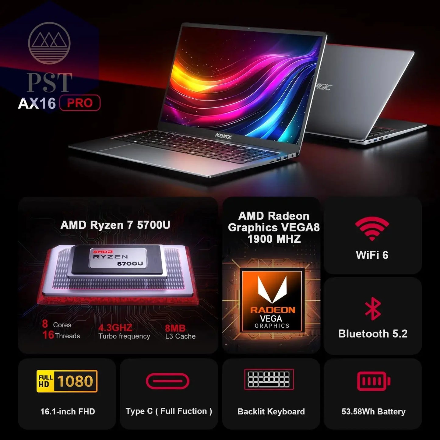 ACEMAGIC Ax16Pro Gaming Laptop 16,1" IPS FHD AMD Ryzen ™ 7 5700U Notebook 16 GB DDR4 + 512 GB PCI-E 53,58 Wh Windows 11 Gaming PC Laptops Mobile Computer PST PS Tradings  PST PS Tradings  PST PS Tradings