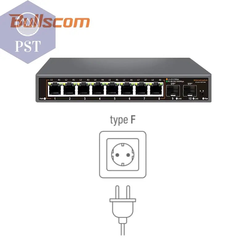 Bullscom 10-Port-Netzwerk-Switch | 8 X 2,5 GB Ethernet + 2 X 10 GB SFP+ | Unmanaged | Plug & Play | Hochgeschwindigkeitskonnektivität