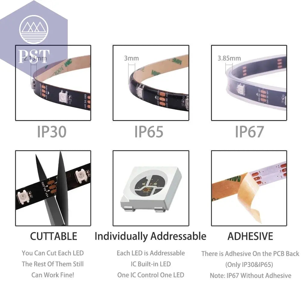 DC5V WS2812B Individually Addressable 5050 RGB Led Strip WS2812 Smart Pixels Led Light Black White PCB Waterproof IP30/65/67       PST PS Tradings