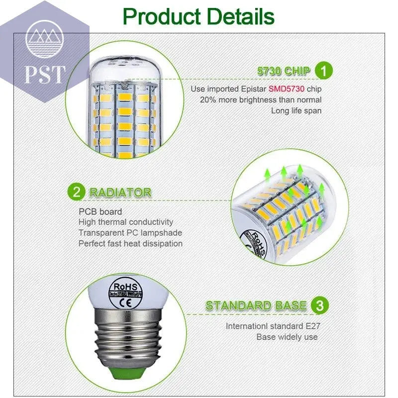 E27 LED Lamp E14 LED Bulb SMD5730 220V Corn Bulb 24 36 48 56 69 72LEDs Chandelier Candle LED Light For Home Ampoule       PST PS Tradings
