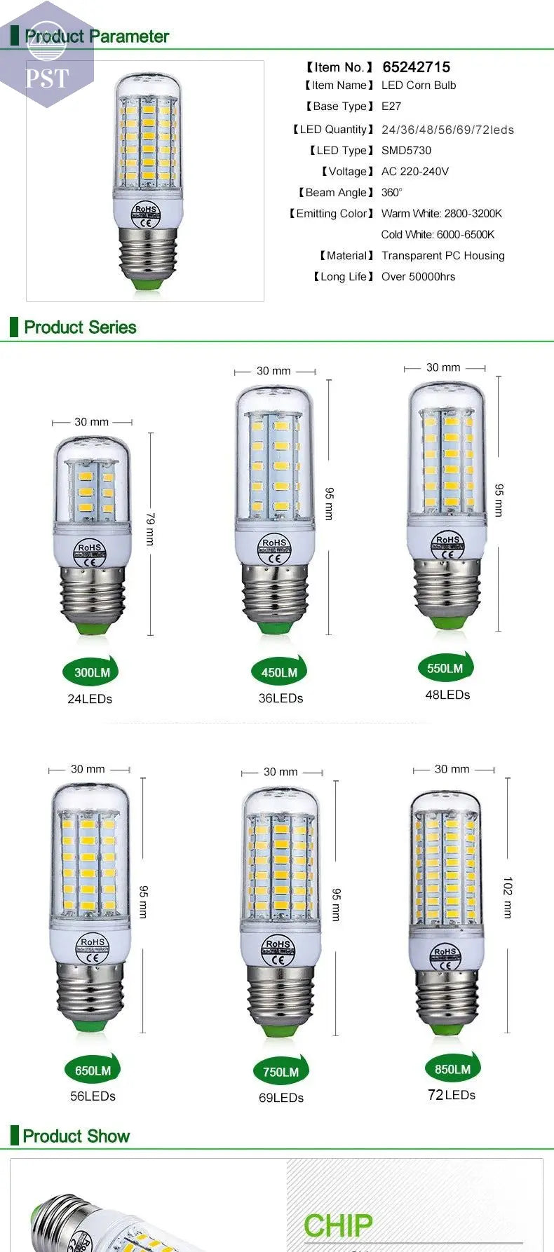 E27 LED Lamp E14 LED Bulb SMD5730 220V Corn Bulb 24 36 48 56 69 72LEDs Chandelier Candle LED Light For Home Ampoule       PST PS Tradings