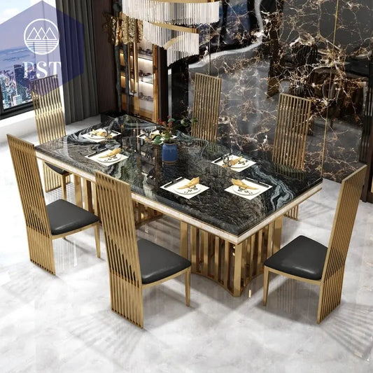 Eleganter Esstisch mit Stühlen Designer Esszimmer Marmor Style Esstisch Set PST PS Tradings Esstisch PST PS Tradings  PST PS Tradings
