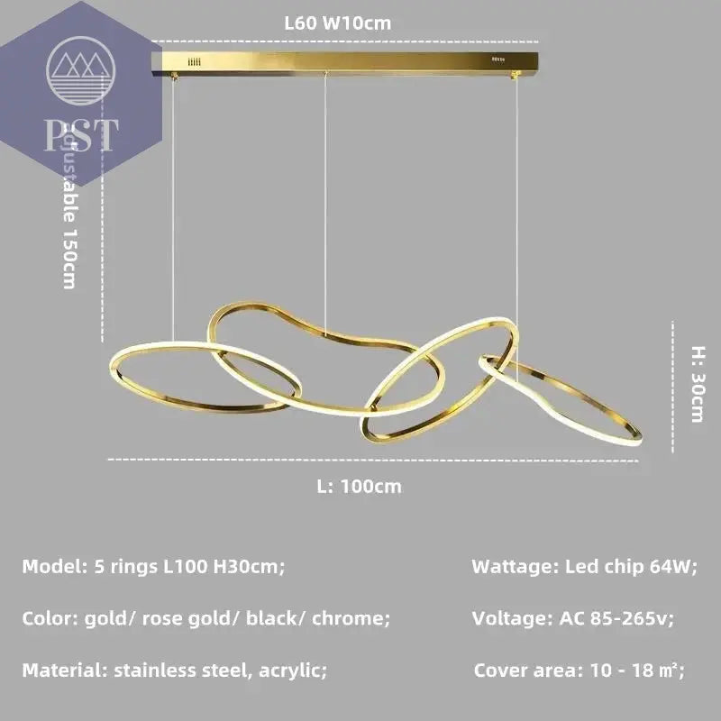 Luxuriöse Dimmbare Pendelleuchte Esstisch Leuchter Wohnzimmer Beleuchtung PST PS Tradings Pendelleuchte PST PS Tradings gold-in-stock-4-ring-L100cm-64W-white-light-6500K PST PS Tradings