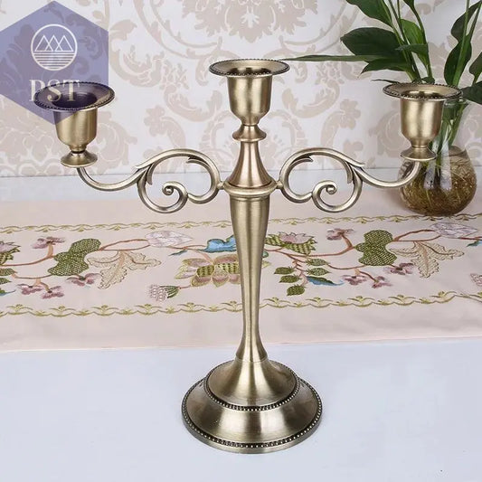 Metal Gold Bronze Plated Candle Holder Retro 3-Arms Candelabra For Wedding Prop Candlelight Dinner Hotel Home Decoration - PST PS Tradings