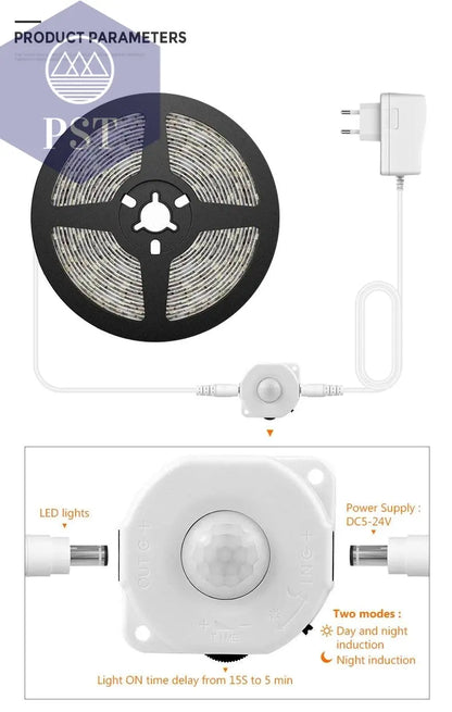 Motion Sensor LED Under Cabinet Light Bed Night Light 1M-5M LED Strip Tape Night Sensor Lamp With 110V-220V to 12V Power Adapter       PST PS Tradings