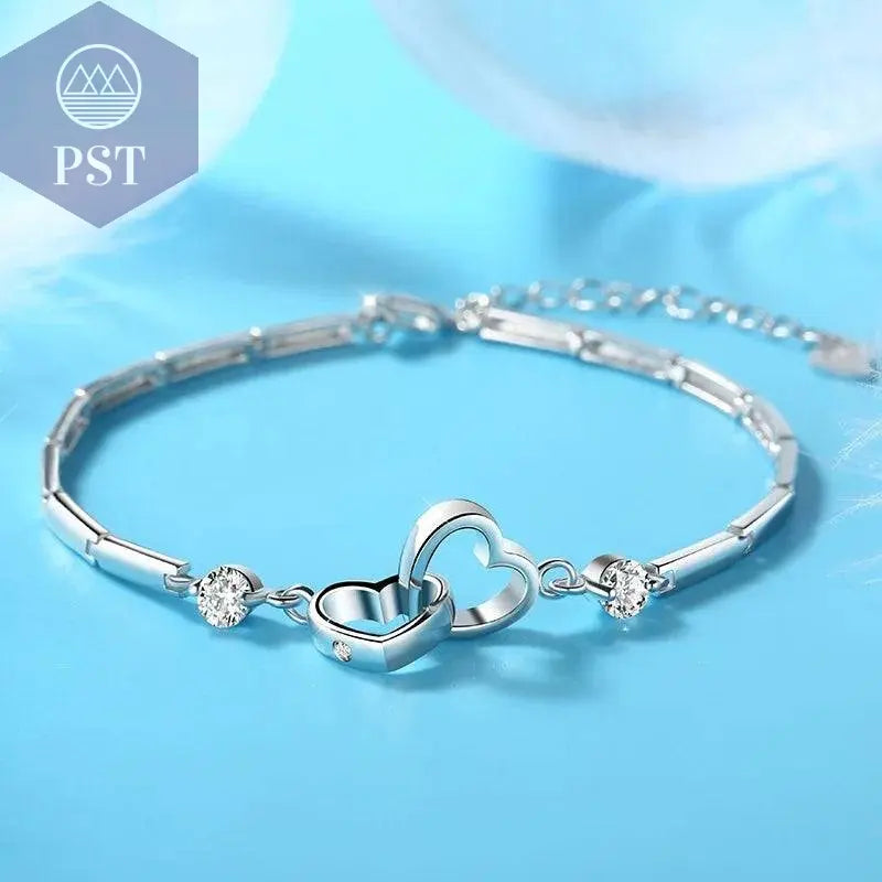 New Charms 925 Sterling Silver Bracelets Bangles for Women Valentine's Days Gift Cubic Zircon Double Heart Bracelet Jewelry - Property & Safety Tradings