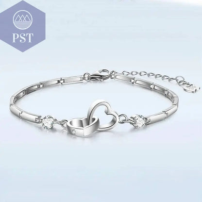 New Charms 925 Sterling Silver Bracelets Bangles for Women Valentine's Days Gift Cubic Zircon Double Heart Bracelet Jewelry - Property & Safety Tradings
