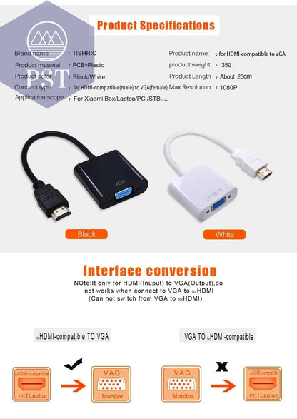 TISHRIC HDMI-compatible TO VGA Adapter 1080P Digital TO Analog Audio Converter Male To Famale For PC Laptop TV Box Projector - Property & Safety Tradings