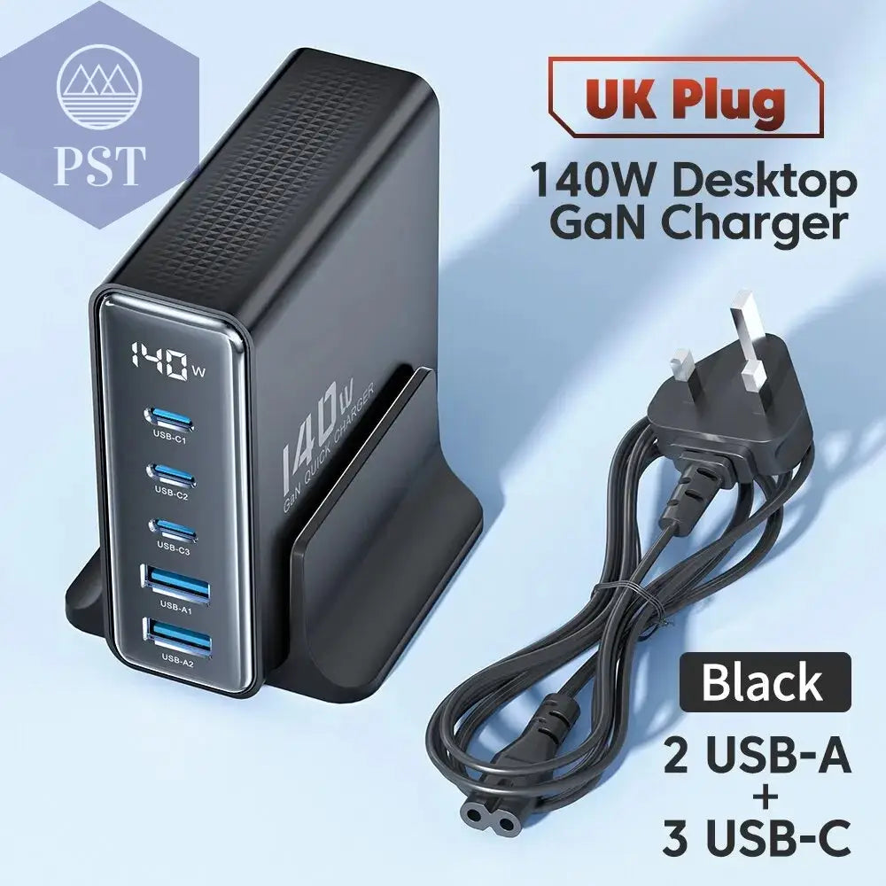 Toocki 140W GaN USB Charger 5in1 Desktop Fast Charge PST PS Tradings  UK Black Toocki 140W GaN USB Charger 5in1 Desktop Fast Charge
