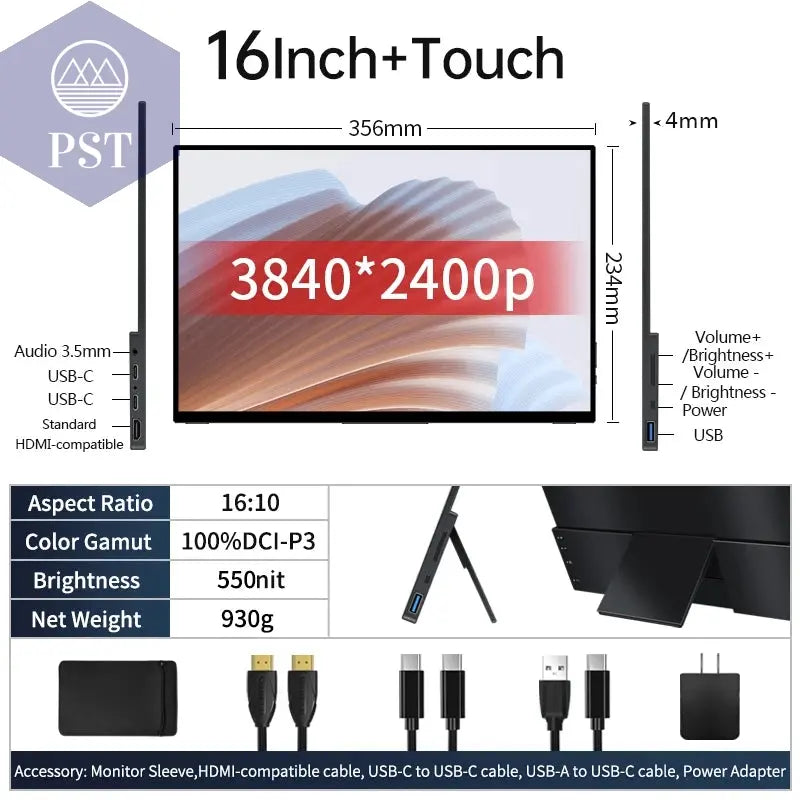 VCHANCE 16 Inch 4K UHD Touch Screen Portable Monitor 100%DCI-P3 HDR Expand Office Movie Display For PC Laptop Phone XBox Switch PST PS Tradings  PST PS Tradings AU16T / JP plug / brazil PST PS Tradings VCHANCE 16 Inch 4K UHD Touch Screen Portable Monitor 100%DCI-P3 HDR Expand Office Movie Display For PC Laptop Phone XBox Switch