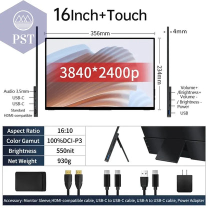 VCHANCE 16 Inch 4K UHD Touch Screen Portable Monitor 100%DCI-P3 HDR Expand Office Movie Display For PC Laptop Phone XBox Switch PST PS Tradings  PST PS Tradings AU16T / JP plug / brazil PST PS Tradings VCHANCE 16 Inch 4K UHD Touch Screen Portable Monitor 100%DCI-P3 HDR Expand Office Movie Display For PC Laptop Phone XBox Switch