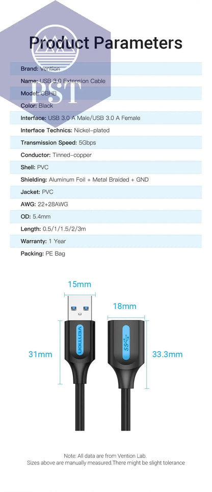 Vention USB 3.0 Extension Cable Male to Female Extender Cable Fast Speed USB 3.0 Cable Extended for laptop PC USB 2.0 Extension       PST PS Tradings