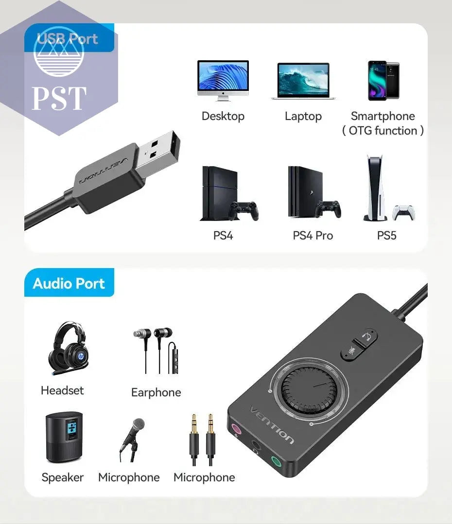 Vention USB External Sound Card USB to 3.5mm Audio Adapter USB to Earphone Microphone for Macbook Computer Laptop PS4 Sound Card       PST PS Tradings