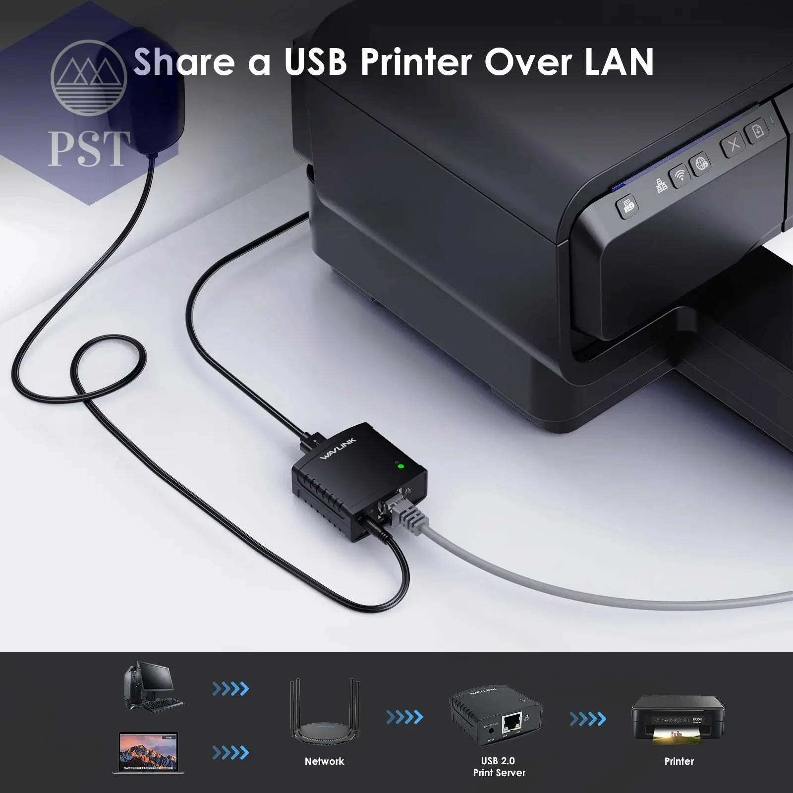 Wavlink USB 2,0 LRP Teilen ein LAN Ethernet Vernetzung Drucker Power Adapter USB HUB 100Mbps netzwerk druck server UNS  Electronics     PST PS Tradings