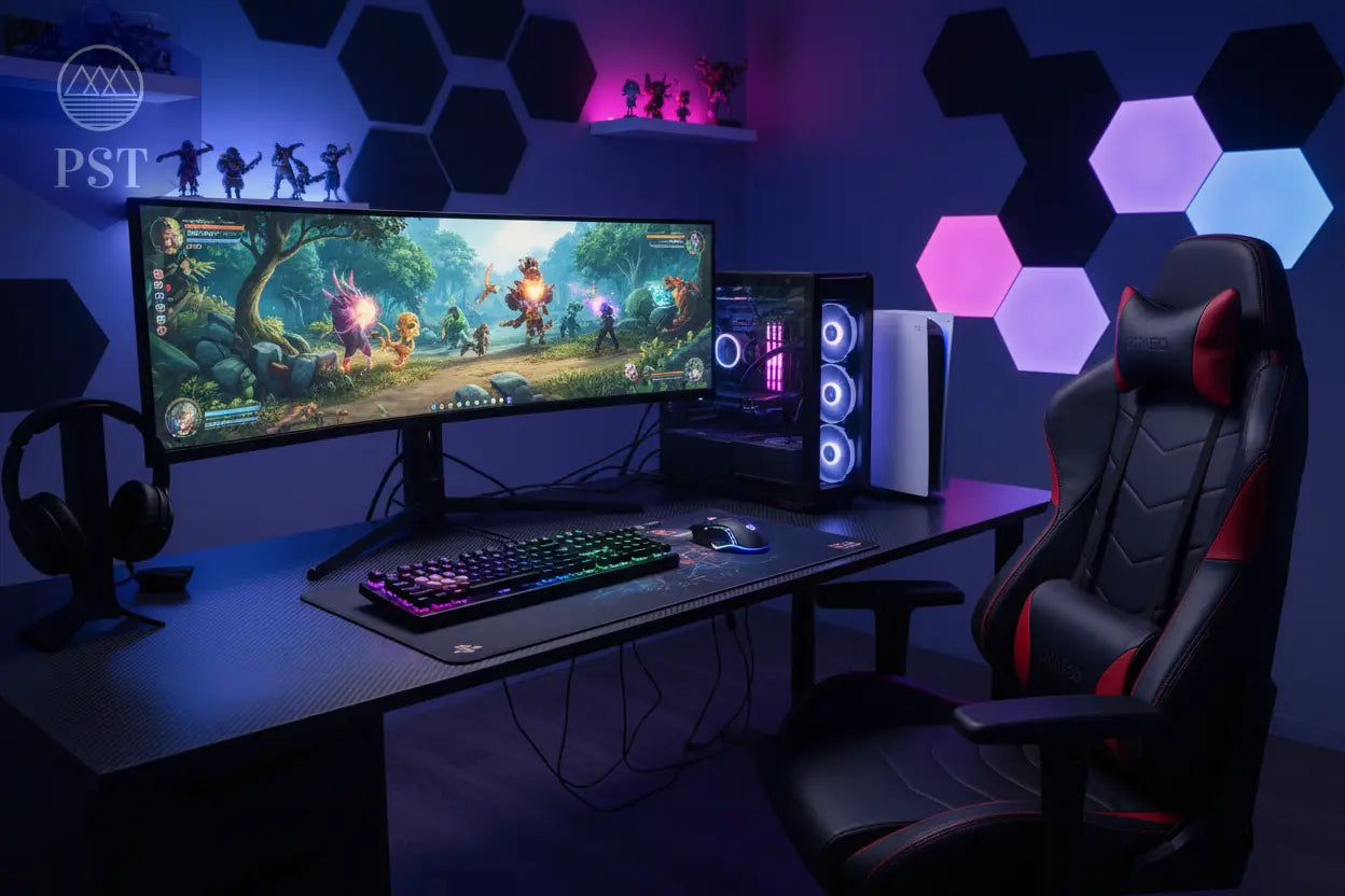 Gaming PC mit 2 Bildschirmen, Gaming Tastatur und Maus separate Gaming Konsole und Gaming Chair 